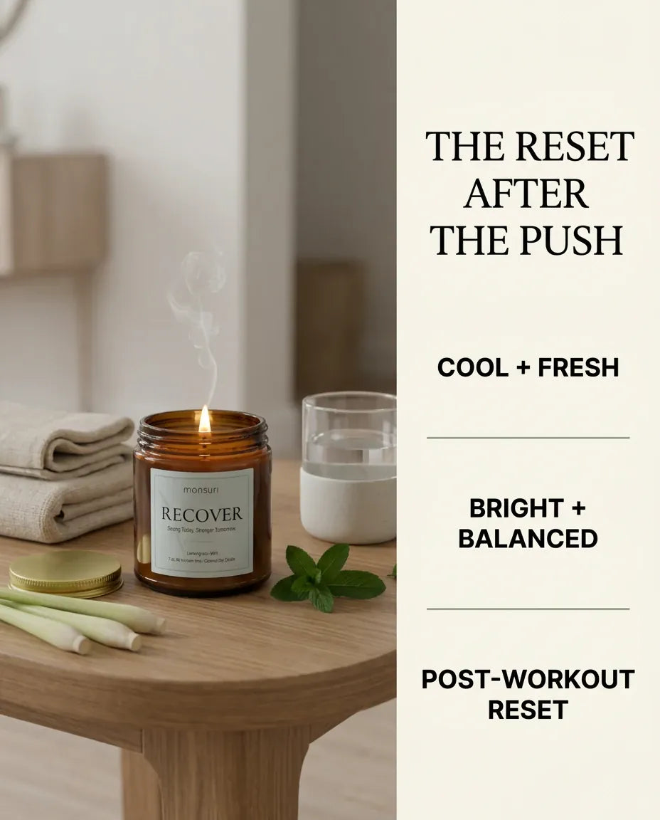 Monsuri RECOVER candle infographic 'The reset after the push' with the candle lit beside folded towels, styled as a post-workout recovery moment.