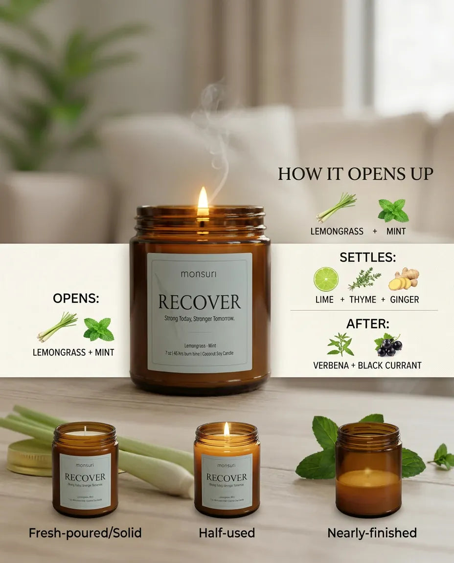 Monsuri RECOVER candle infographic 'No coffee required' showing post-workout, afternoon slump, and mental reset moments to light the candle.