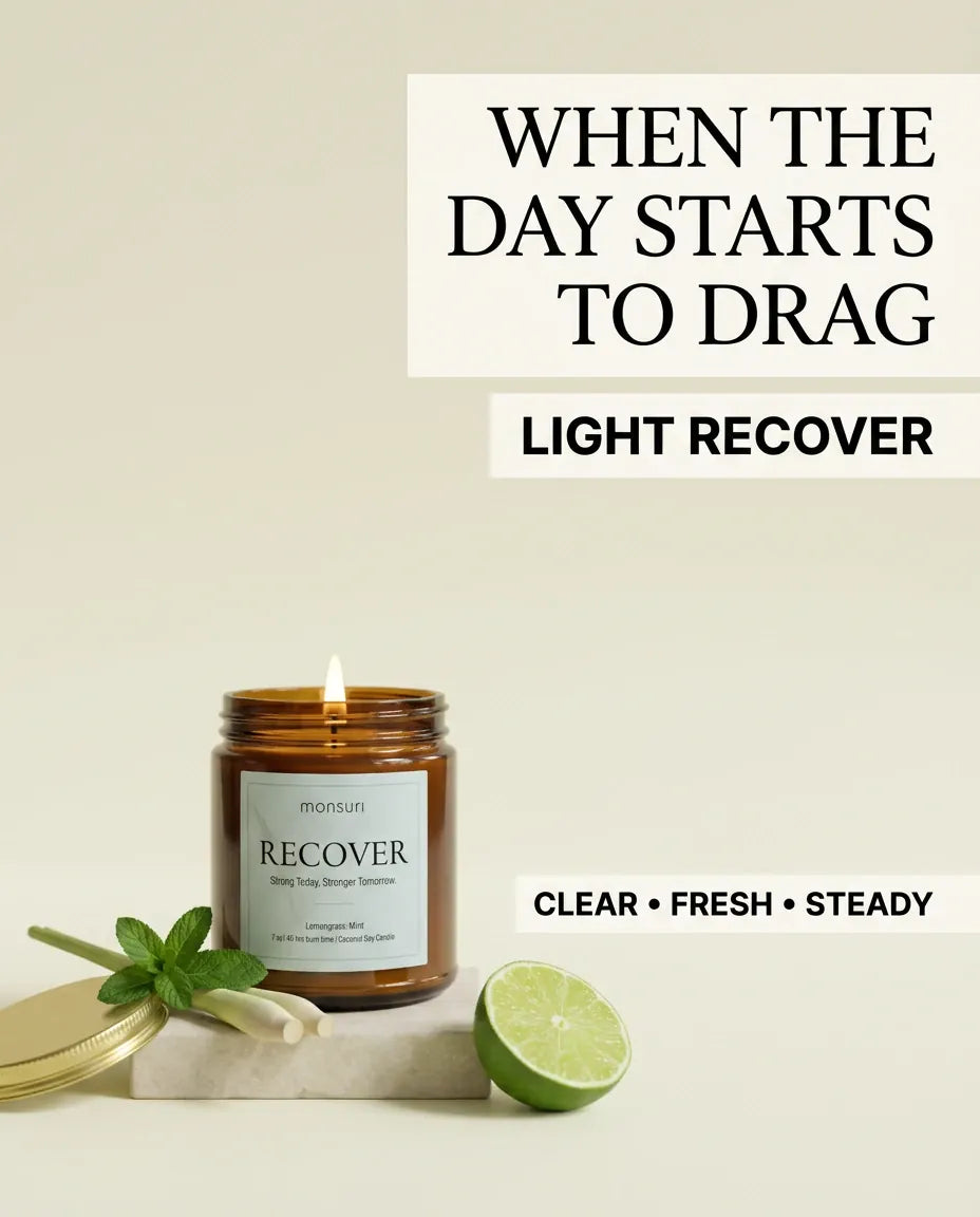 Monsuri RECOVER candle infographic reading 'When the day starts to drag, light Recover' with the lemongrass mint candle lit beside a fresh-cut lime.