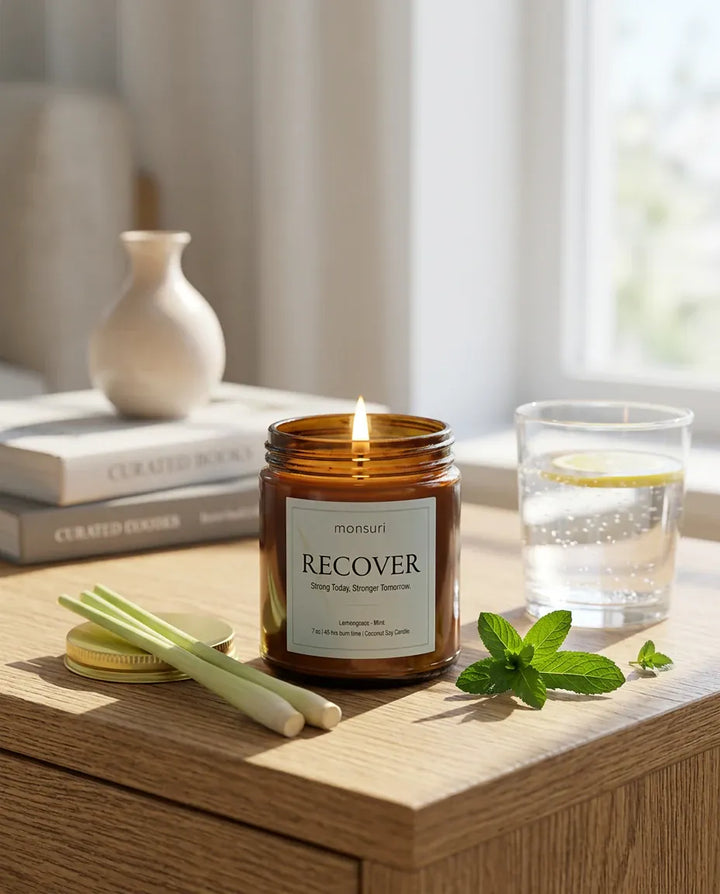 Monsuri RECOVER lemongrass mint candle lit in morning sunlight next to a stack of books, a ceramic vase, and a glass of lemon water on a wood dresser.