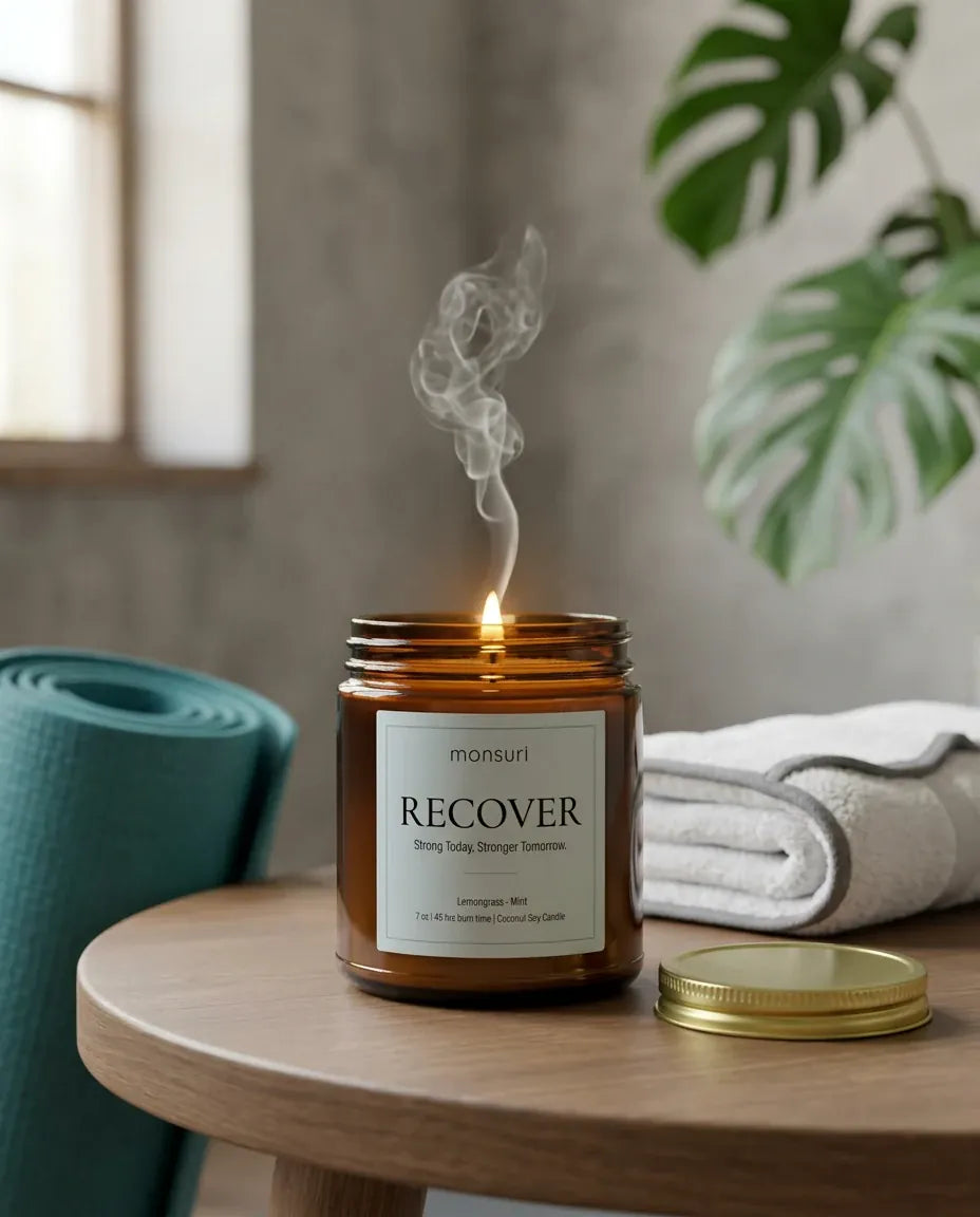 Monsuri RECOVER lemongrass mint candle burning on a side table next to a rolled teal yoga mat and folded towel, set up for a post-workout reset.