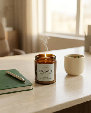 Monsuri RECOVER lemongrass mint candle lit on a light wood desk next to a green notebook, pen, and a cup of tea, with smoke curling above the flame.
