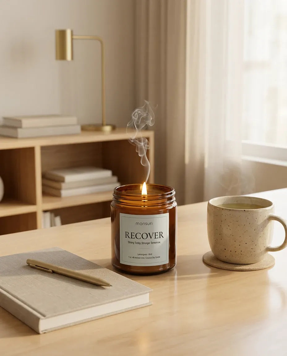 Monsuri RECOVER lemongrass mint candle burning on a wood home-office desk beside a coffee mug, notebook, and pen, with books and a brass lamp behind it.