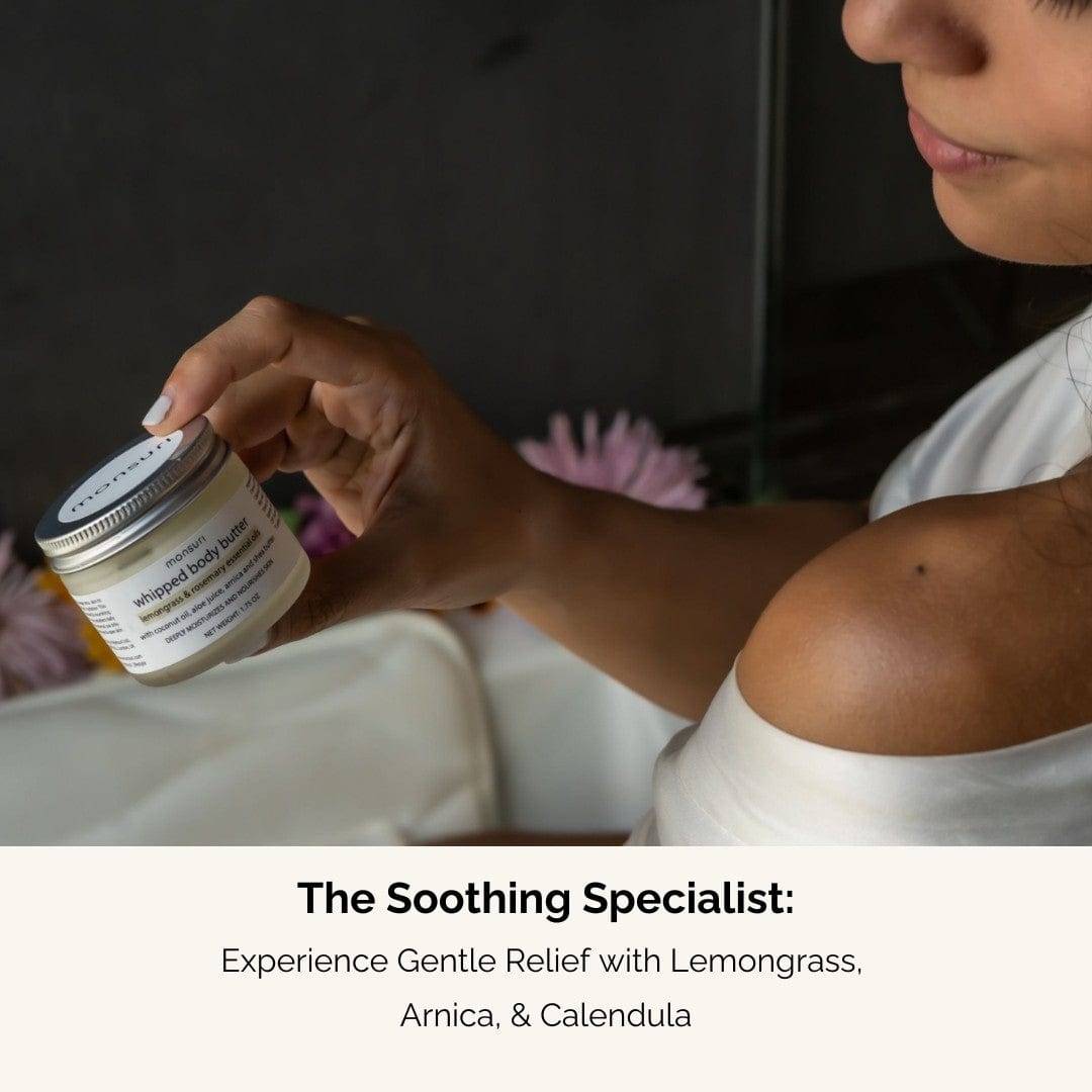 Luxurious Lemongrass Rosemary Body Butter by Monsuri for deeply hydrated skin.