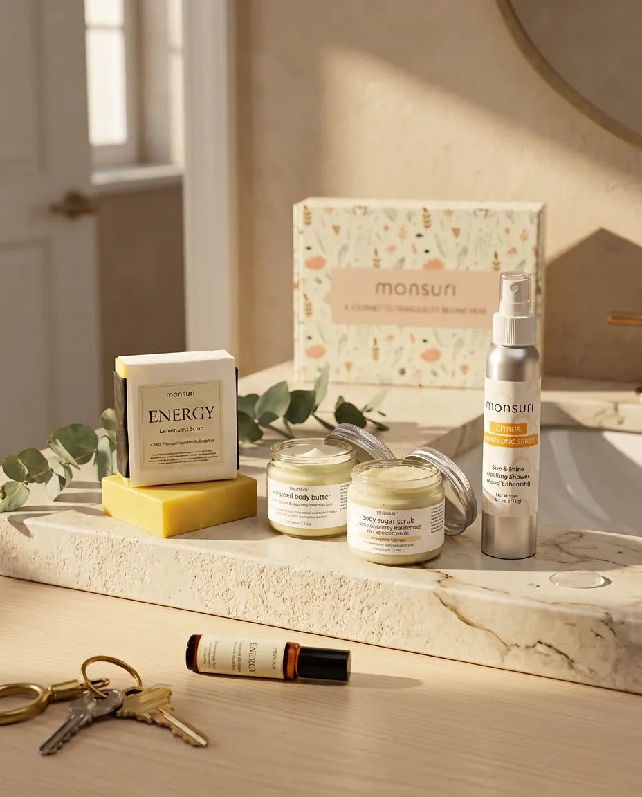 The five Little Box of Sunshine pieces on a travertine ledge in morning light with a set of keys and a eucalyptus sprig