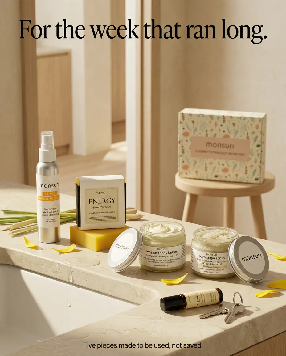For the week that ran long - five pieces made to be used, not saved, arranged on a stone bathroom ledge with the botanical gift box behind