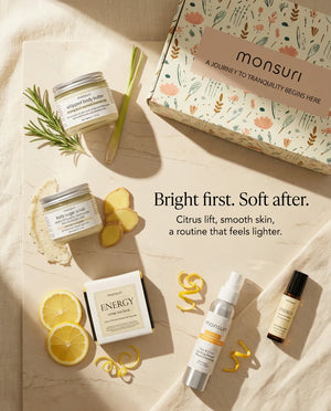 Bright first, soft after - citrus lift then smooth skin, an overhead flat lay of all five pieces with lemon, ginger and rosemary