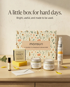 A little box for hard days - bright, useful, and made to be used: the five Little Box of Sunshine pieces beside a blank note card and the botanical gift box