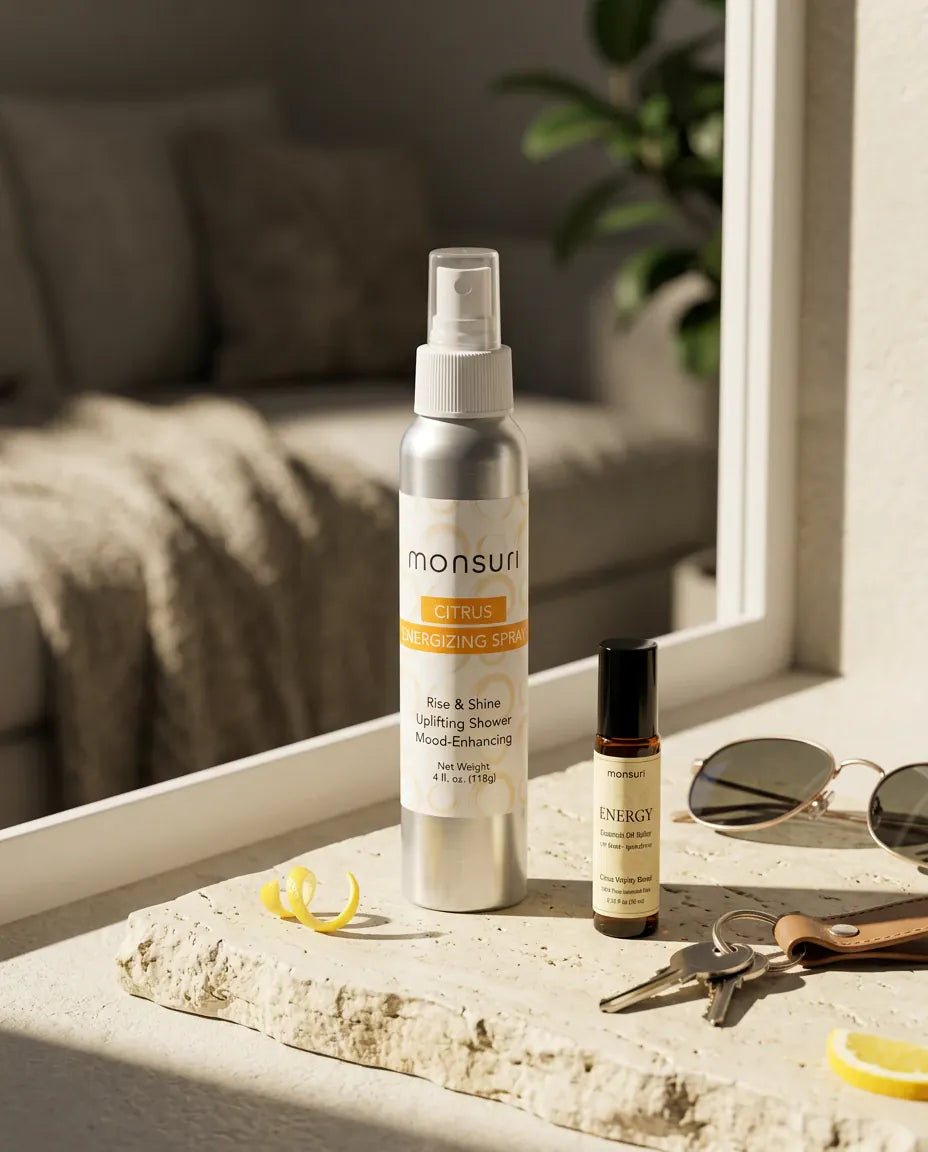 The 4 oz citrus energizing shower spray and the ENERGY essential oil roller on a sunlit windowsill beside a set of keys and sunglasses
