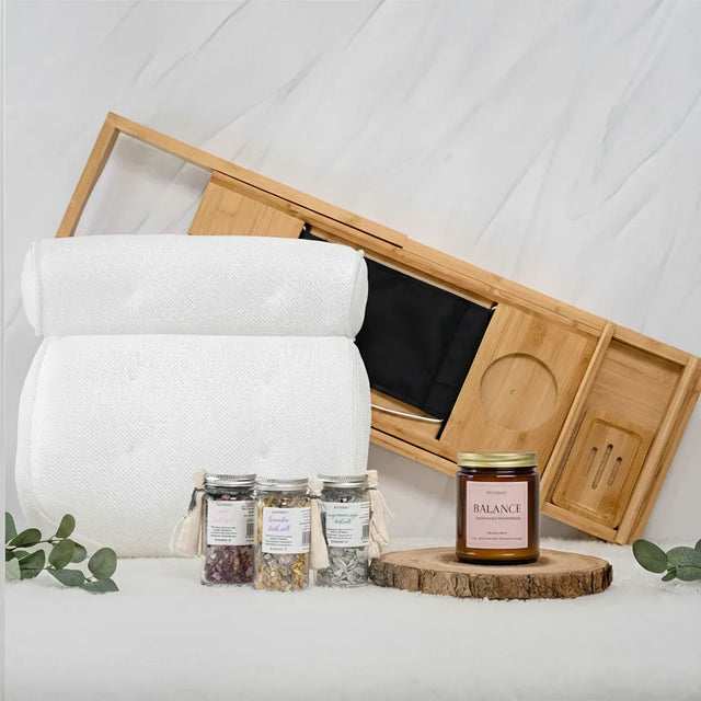 Luxurious Bath Lover's Set flat lay with candle, bath tray, bath pillow, and bath salts