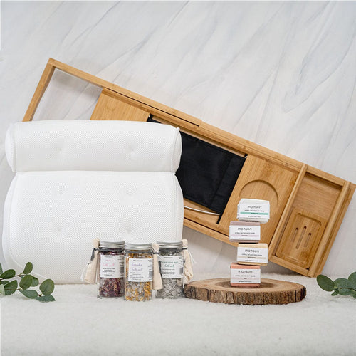 Bath Lovers Gift Set for Self Care. Bath Pillow, Bath Tray, Natural Bath Bombs and Baths Salts.