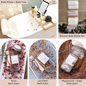 Relaxing Bath Lover's Gift Set with Bath Pillow, Bathtub Tray, Natural Bath Bombs and Herbal Bath Salts.
