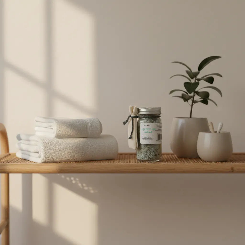 Towels on a wooden table with a plant and magnesium sage bath salt jar in a minimalistic setting