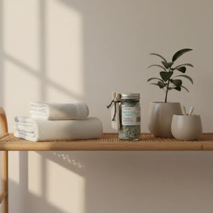 Towels on a wooden table with a plant and magnesium sage bath salt jar in a minimalistic setting