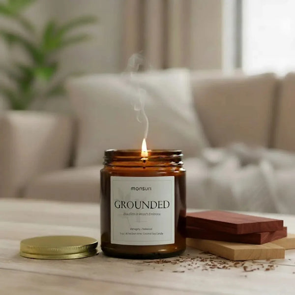 Mahogany teakwood luxury candle in amber glass with sophisticated wood aromatherapy for home decor