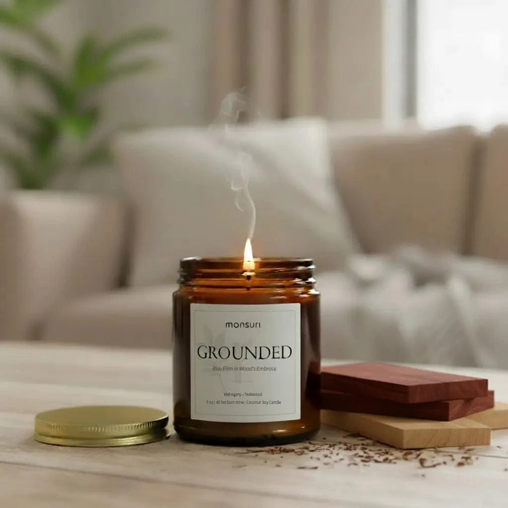 Mahogany teakwood luxury candle in amber glass with sophisticated wood aromatherapy for home decor