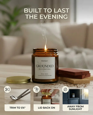 Monsuri GROUNDED candle care graphic showing how to trim the wick to 1/4 inch, replace the lid between burns, and store away from direct sunlight