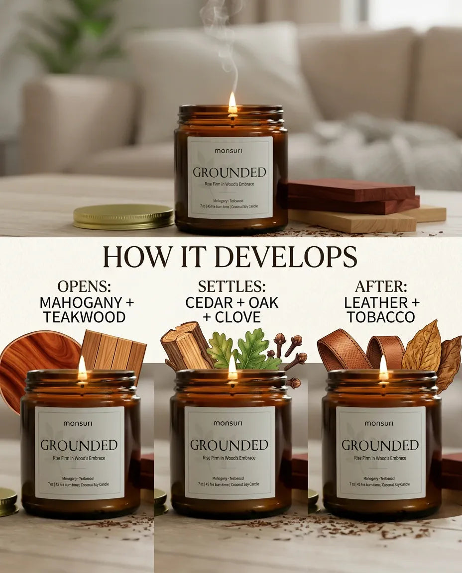 Monsuri GROUNDED candle graphic 'How It Develops' — three jars showing the scent open with mahogany and teakwood, settle into cedar and oak, then finish in leather and tobacco