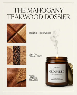 Monsuri GROUNDED 'Mahogany Teakwood Dossier' graphic breaking down the opening woods, cedar-and-spice heart, and leather-tobacco finish beside the lit candle