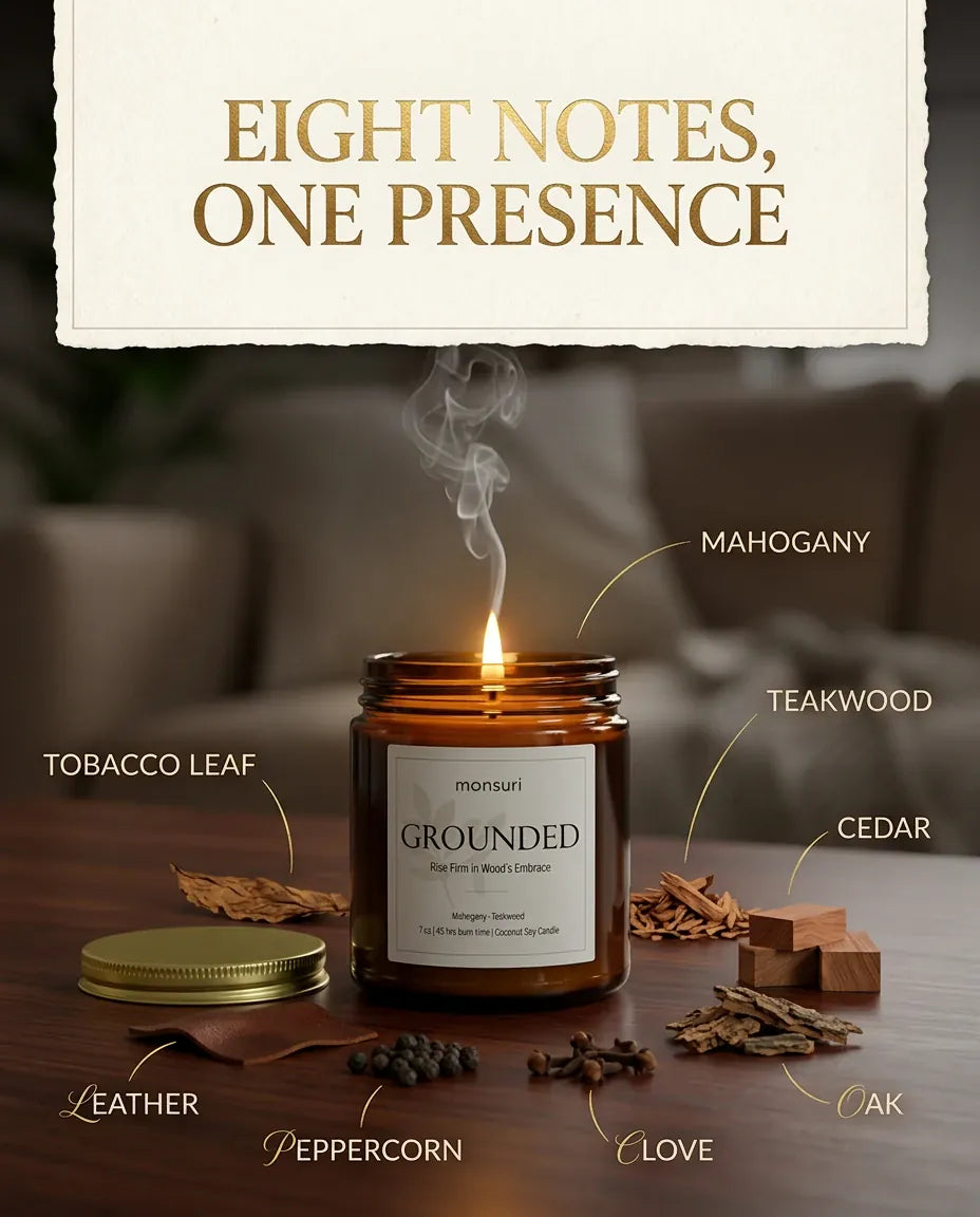 Monsuri GROUNDED candle scent note graphic labeling mahogany, teakwood, cedar, oak, clove, peppercorn, leather, and tobacco leaf around the lit candle