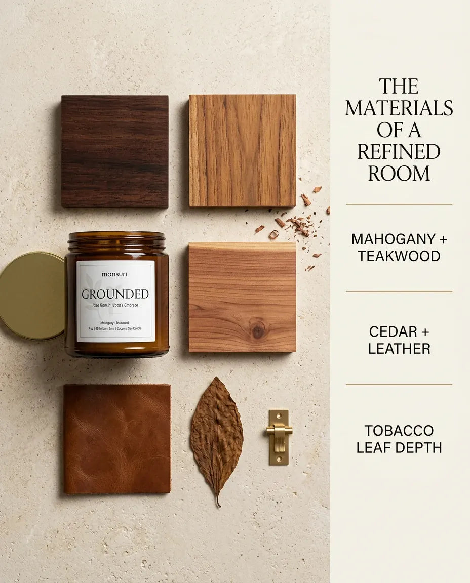 Flat lay of Monsuri GROUNDED candle materials — mahogany and teakwood blocks, cedar, a leather swatch, and a tobacco leaf — around the amber glass jar