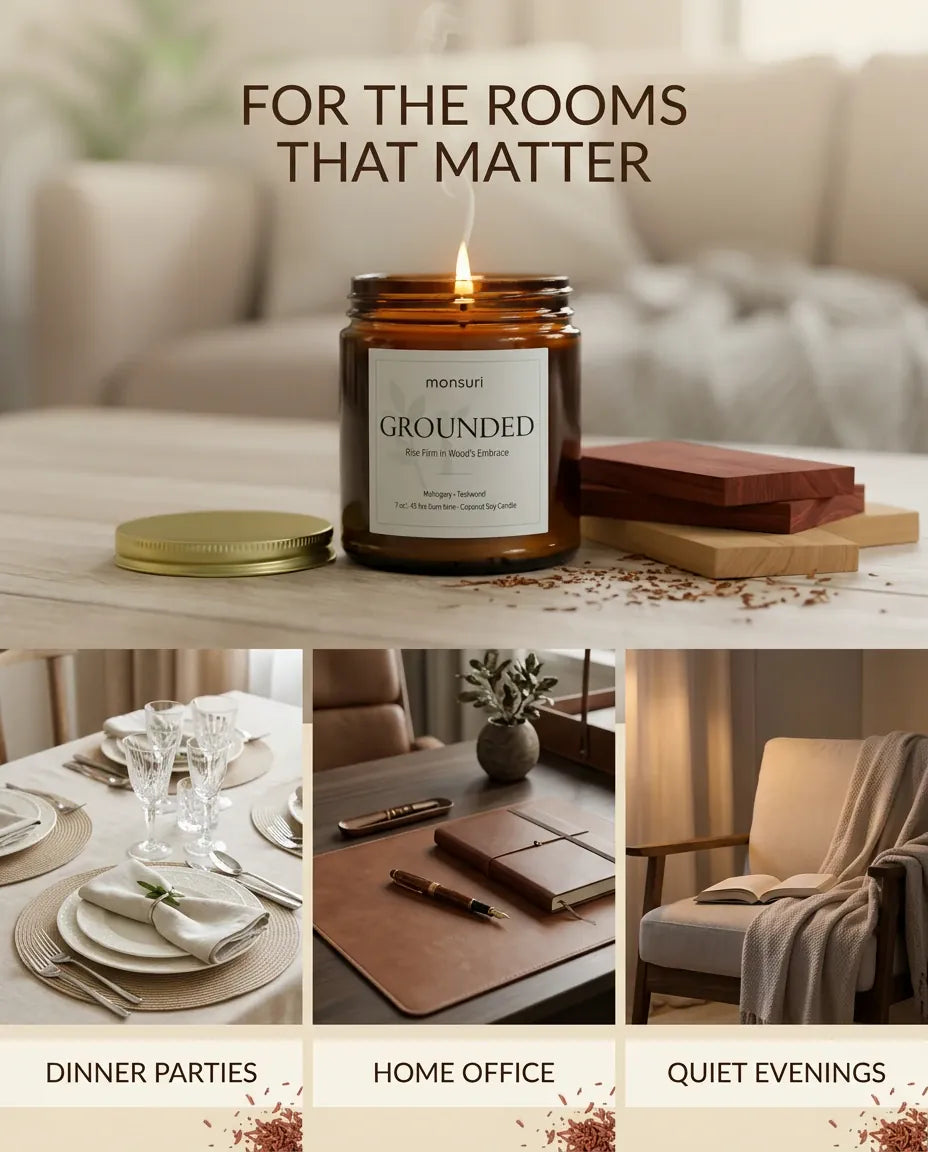 Monsuri GROUNDED candle occasions graphic 'For the Rooms That Matter' with photos for dinner parties, home office, and quiet evenings