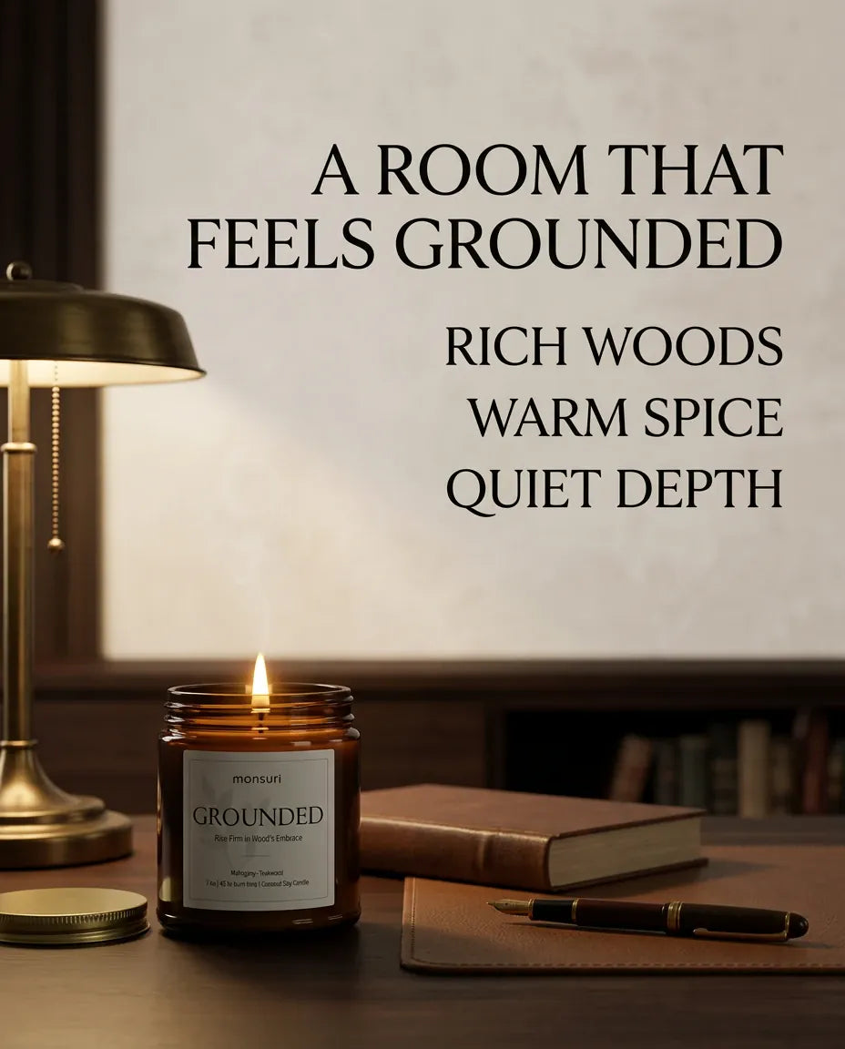 Monsuri GROUNDED candle graphic reading 'A Room That Feels Grounded: Rich Woods, Warm Spice, Quiet Depth' beside the lit candle on a home office desk