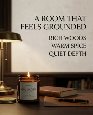Monsuri GROUNDED candle graphic reading 'A Room That Feels Grounded: Rich Woods, Warm Spice, Quiet Depth' beside the lit candle on a home office desk