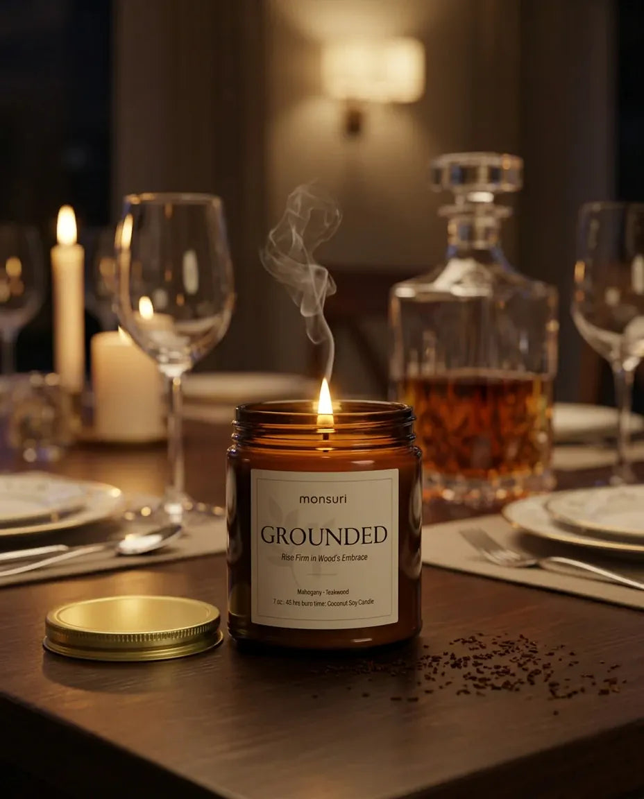 Monsuri GROUNDED mahogany teakwood candle lit at a set dinner table with wine glasses and a decanter, ready for a quiet dinner party