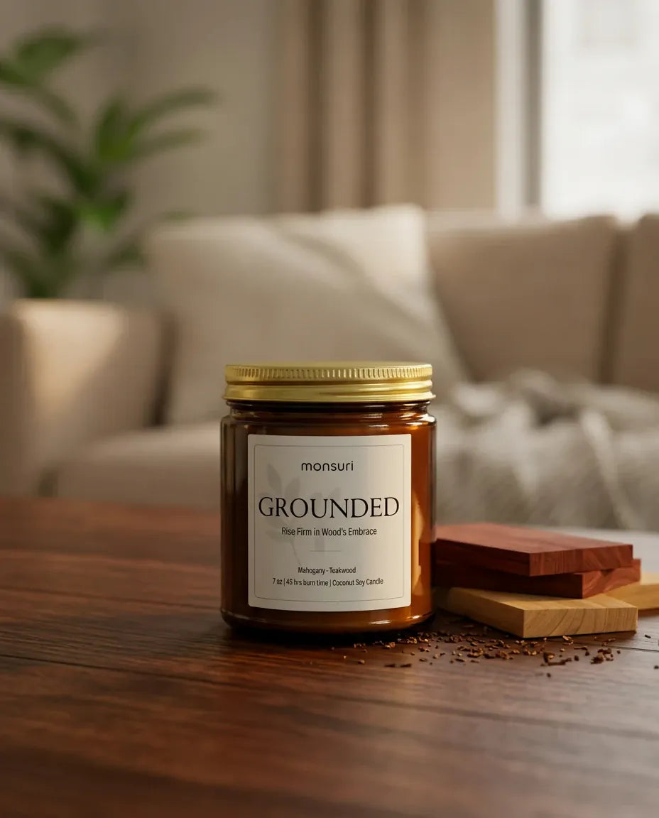 Monsuri GROUNDED mahogany teakwood soy candle burning on a dark wood coffee table with mahogany and teakwood wood-chip accents and a soft beige sofa behind it