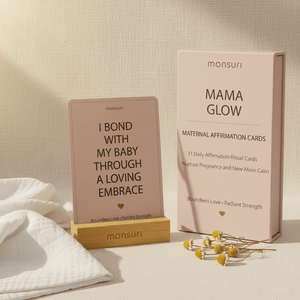 MAMA GLOW new mom affirmation cards with wooden stand and gift box - 31 pregnancy and postpartum affirmation cards for mental health support