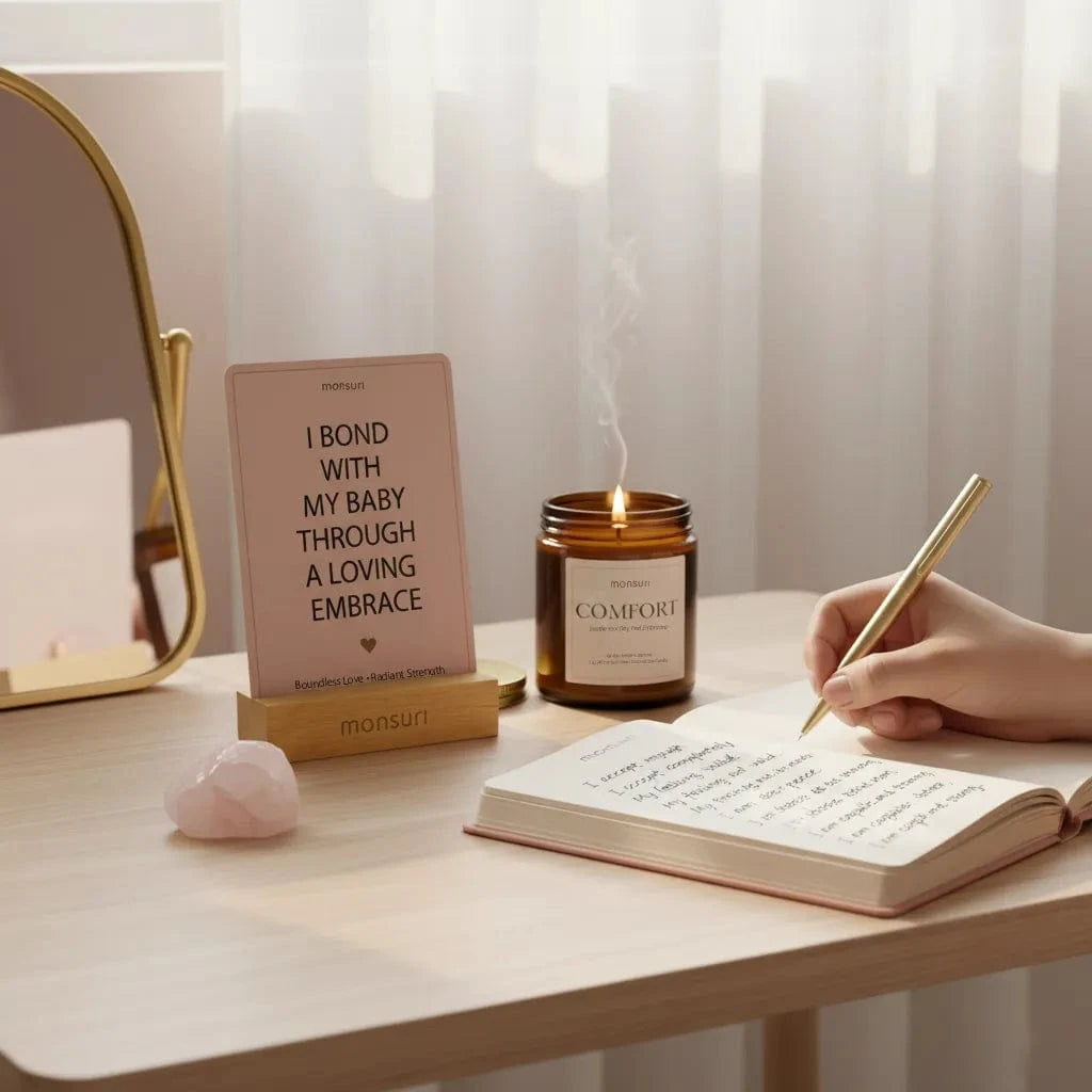 Mom using affirmation cards for journaling - postpartum self-care ritual with daily affirmation practice and wooden display stand