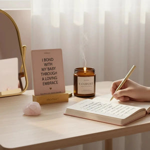 Mom using affirmation cards for journaling - postpartum self-care ritual with daily affirmation practice and wooden display stand