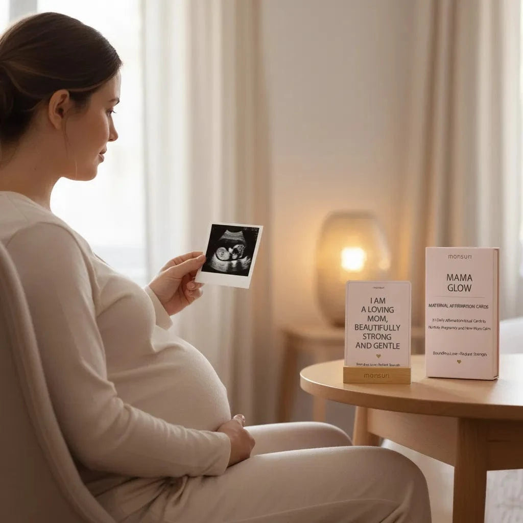 Postpartum mom using affirmation cards with wooden stand - new mom mental health support for fourth trimester recovery and self-care