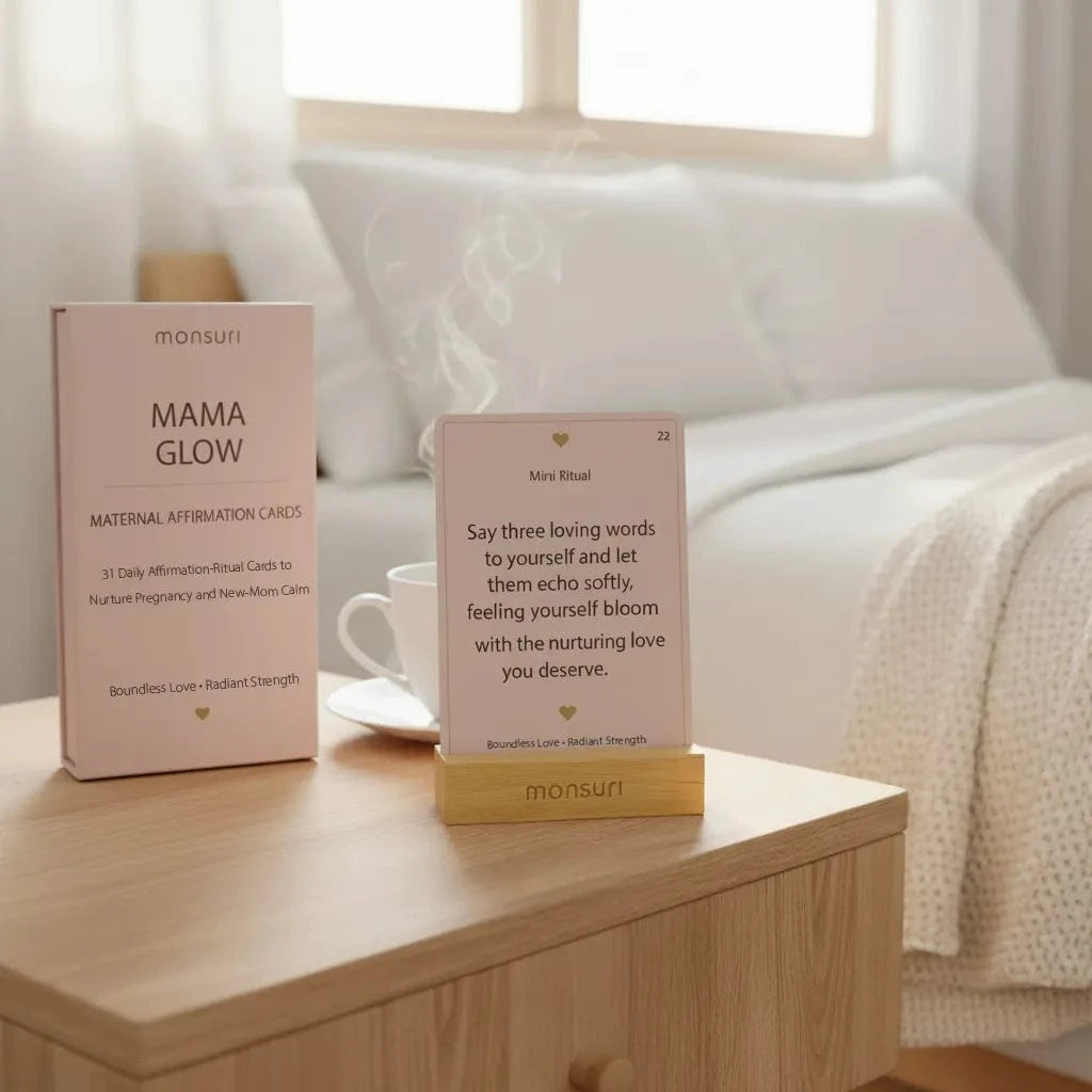 Pregnancy affirmation cards on nightstand with candle - birth affirmation cards for morning ritual and bedtime anxiety relief
