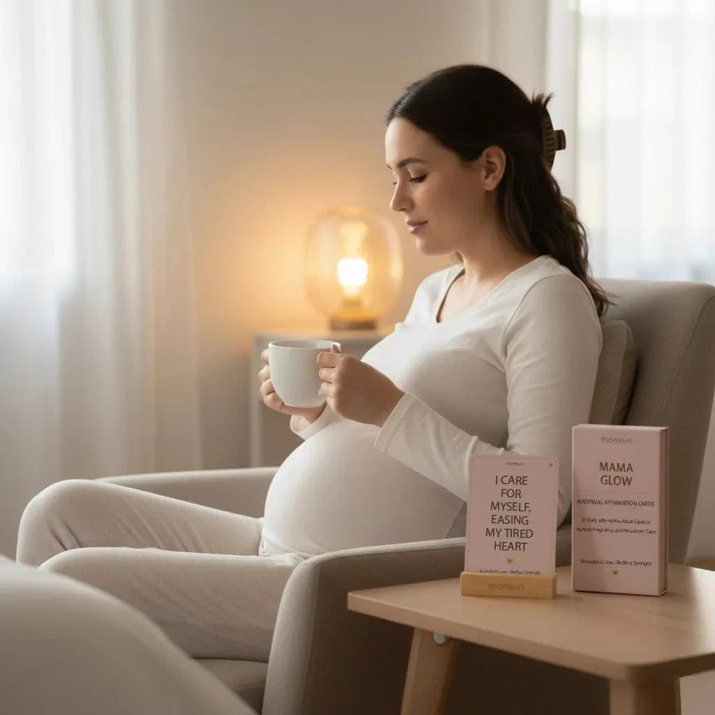Pregnant woman reading new mom affirmation cards during third trimester - pregnancy anxiety relief and birth preparation affirmation practice