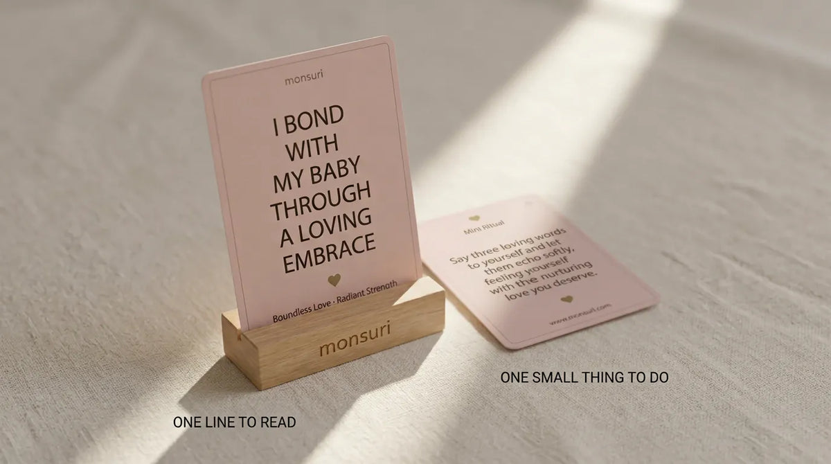 One line to read, one small thing to do - the front of a Mama Glow card in its wooden stand beside the mini-ritual printed on the back