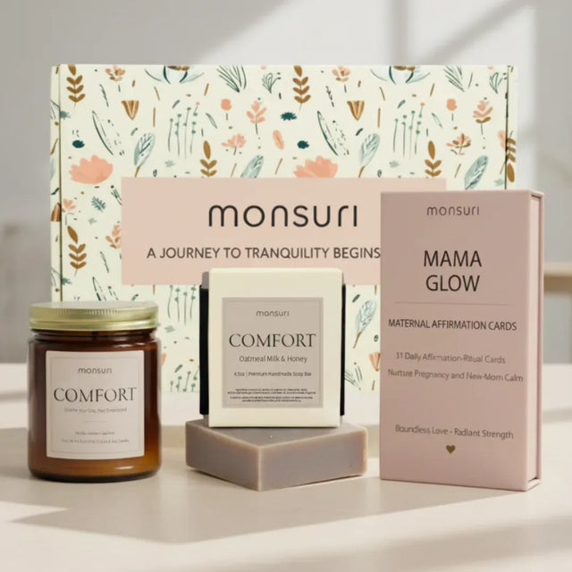 Pregnancy & Postpartum Gifts For Mom. 31 New Mom Affirmation Cards, Vanilla Candle & Oatmeal Soap.