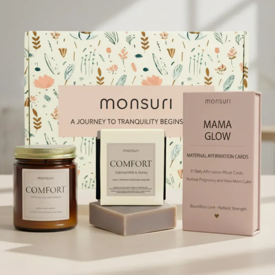 Pregnancy & Postpartum Gifts For Mom. 31 New Mom Affirmation Cards, Vanilla Candle & Oatmeal Soap.