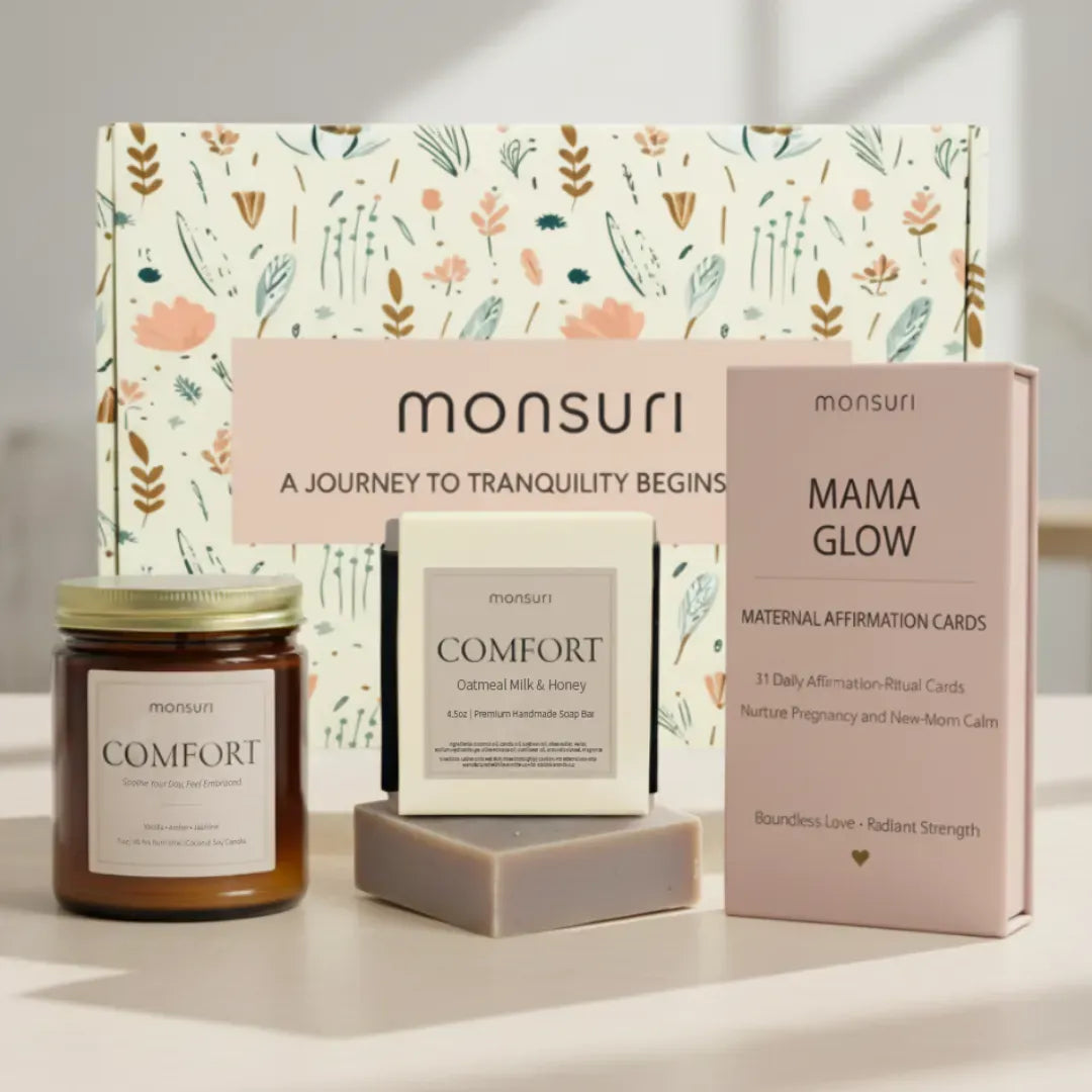 Pregnancy & Postpartum Gifts For Mom. 31 New Mom Affirmation Cards, Vanilla Candle & Oatmeal Soap.