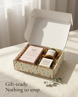 Gift-ready, nothing to wrap - the three pieces nested in kraft shred inside the Monsuri gift box, with the 4.5 oz soap bar called out