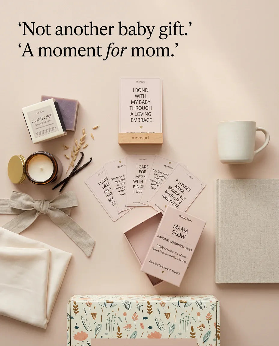 Not another baby gift - a moment for mom, with the Mama Glow cards, the COMFORT candle and soap laid out on linen
