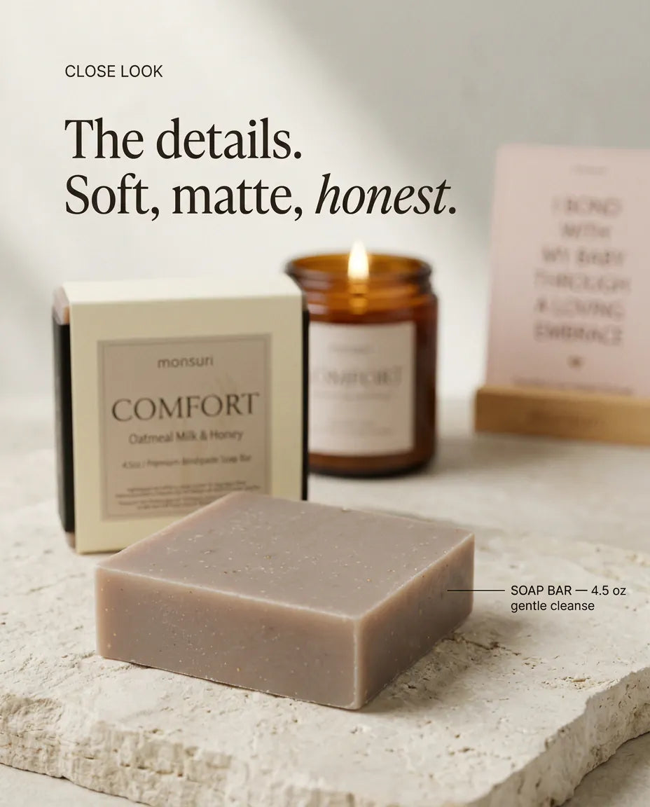 Close look - the soft matte finish of the card stock, the 4.5 oz soap bar and the amber candle glass, photographed up close