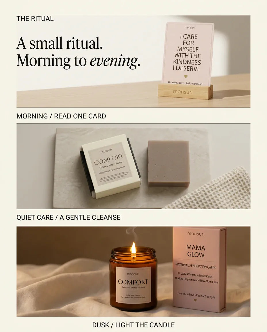 A small ritual, morning to evening - read one card in the morning, a gentle cleanse in the quiet of the day, and light the candle at dusk