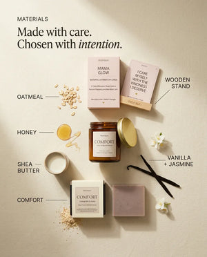 Made with care, chosen with intention - ground oatmeal, honey and shea butter in the COMFORT soap, vanilla and jasmine in the candle, cardstock and a wooden stand for the cards