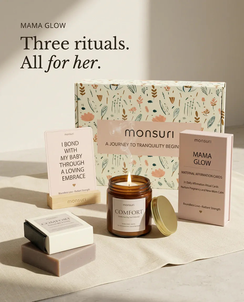 Three rituals, all for her - the MAMA GLOW deck, an affirmation card in its stand and the COMFORT candle arranged in front of the botanical gift box