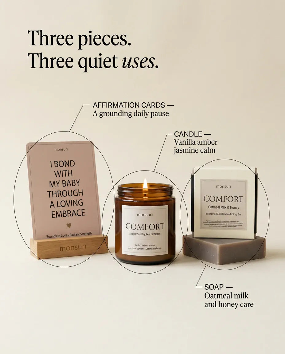 Three pieces, three quiet uses - 31 affirmation cards on a wooden stand for a grounding daily pause, the vanilla amber jasmine candle, and the oatmeal milk and honey soap