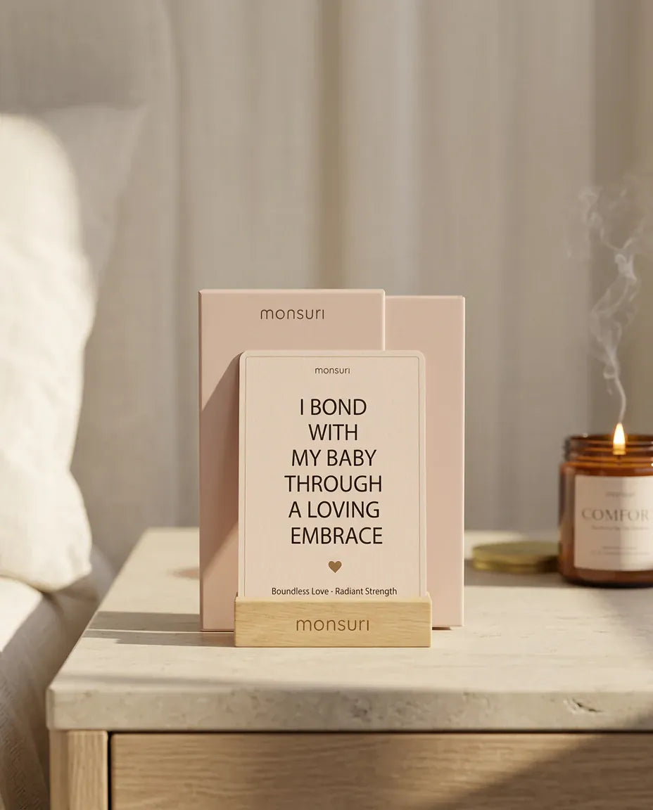 A Mama Glow card reading I BOND WITH MY BABY THROUGH A LOVING EMBRACE standing in its wooden stand on a bedside table, with the COMFORT candle lit behind it