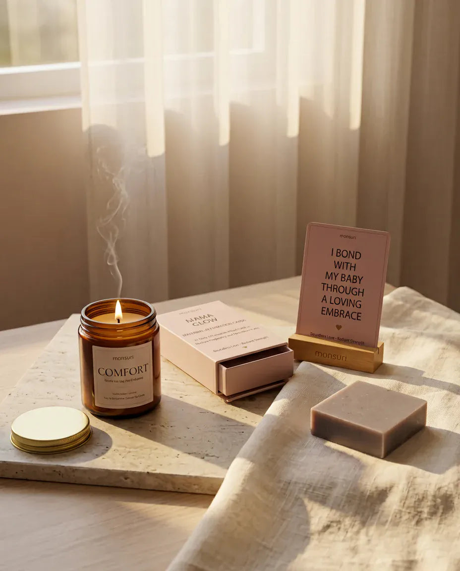 The Mama Glow set on a sunlit windowsill - the COMFORT candle burning, the MAMA GLOW deck, a card in its wooden stand and the soap bar on linen