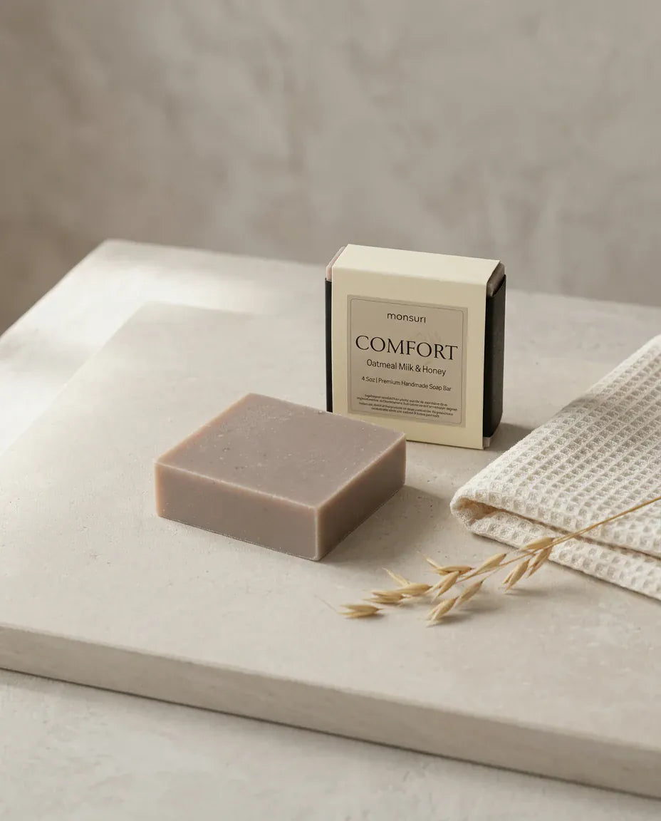 The COMFORT oatmeal, milk and honey soap bar beside its box and a waffle towel - a 4.5 oz bar made gentle for skin that is already doing a lot
